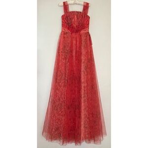 Theia Floral Maxi Dress Blood Orange Organza Tulle Size 4